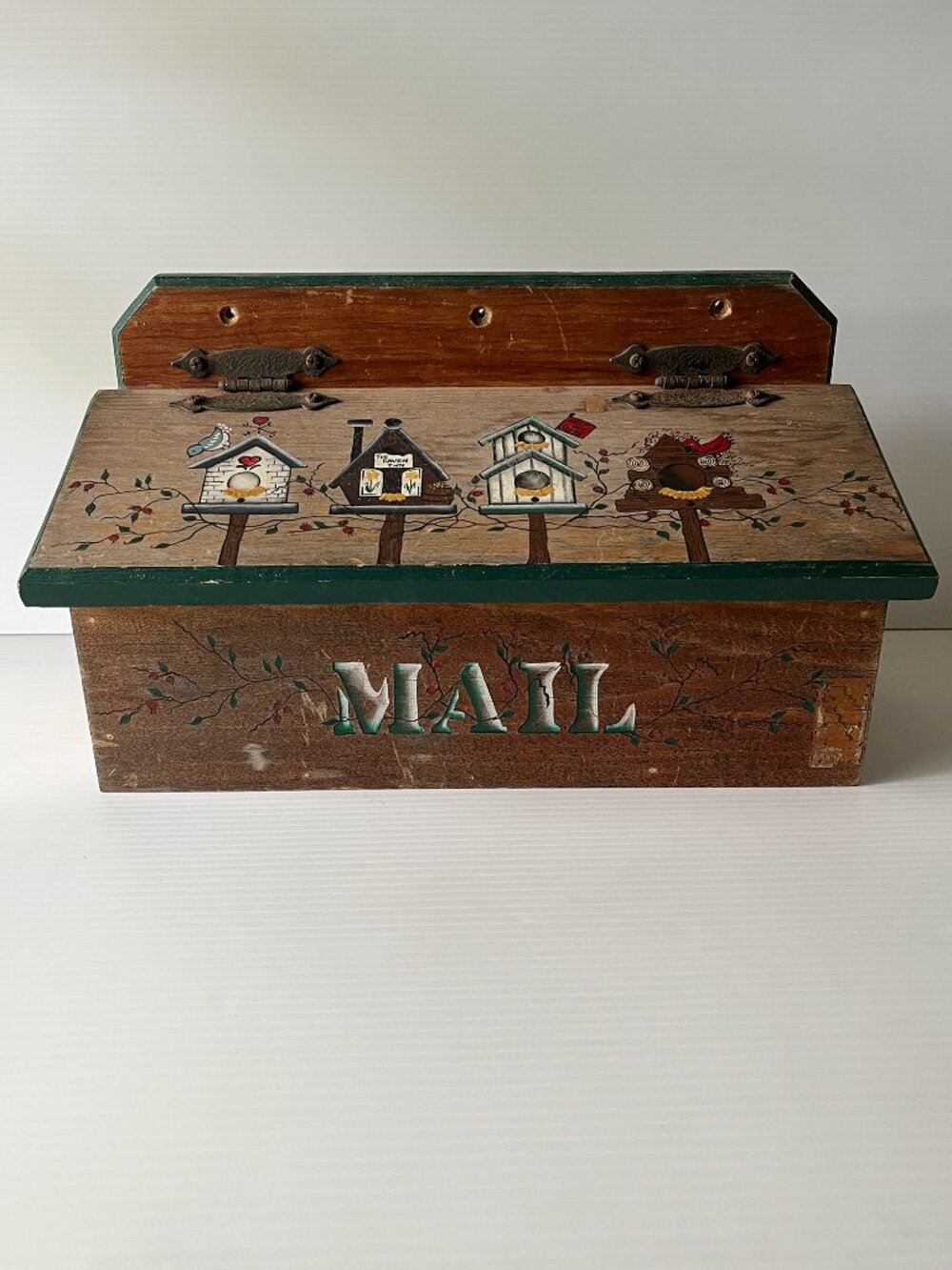 Vtg Hand-Painted Solid Wood Mailbox w/ Birdhouse Design Signed Folk Art Decor